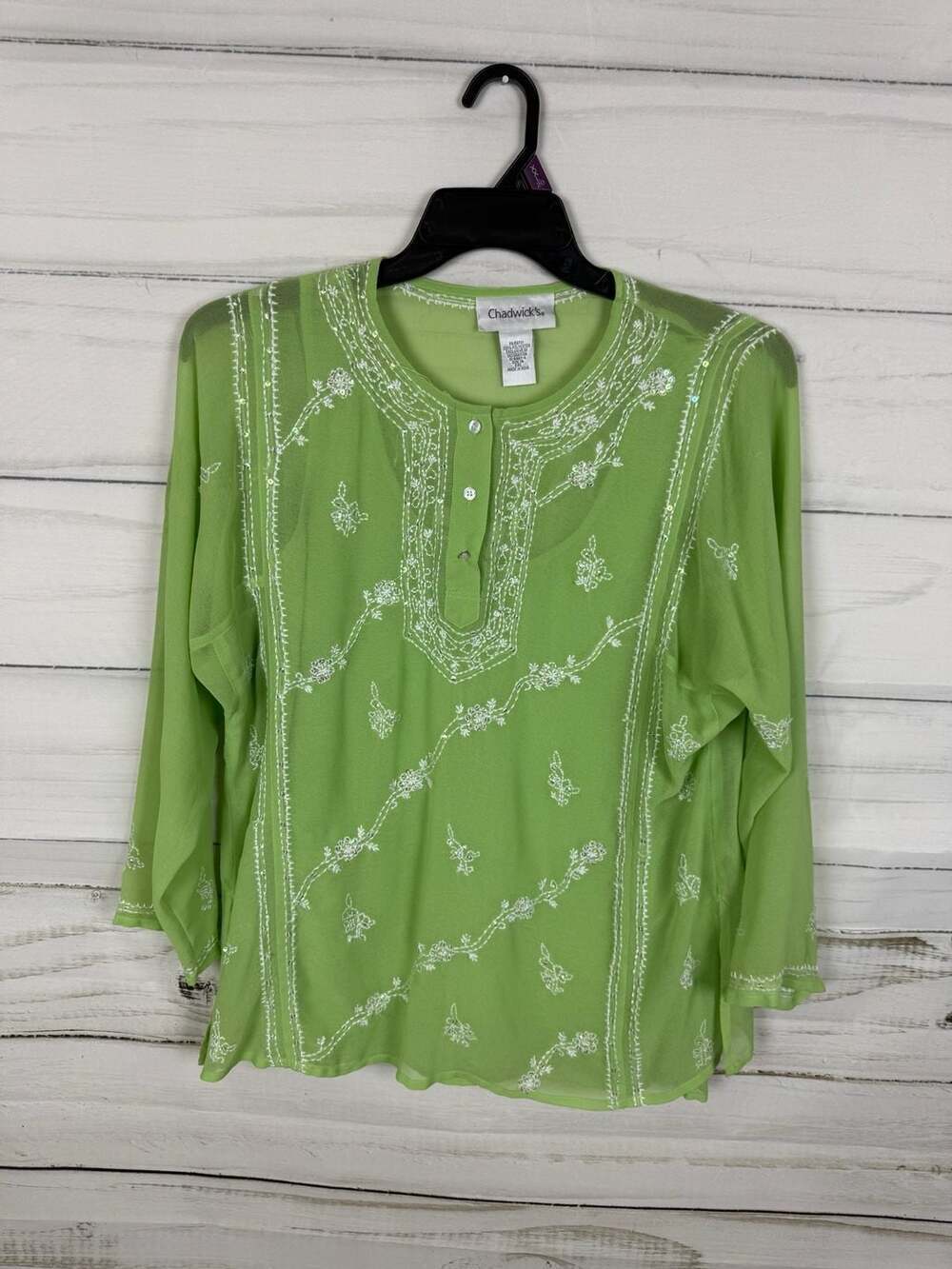 Chadwick's Green Embroidered Sequin 2-Piece Blouse with Camisole Size 14